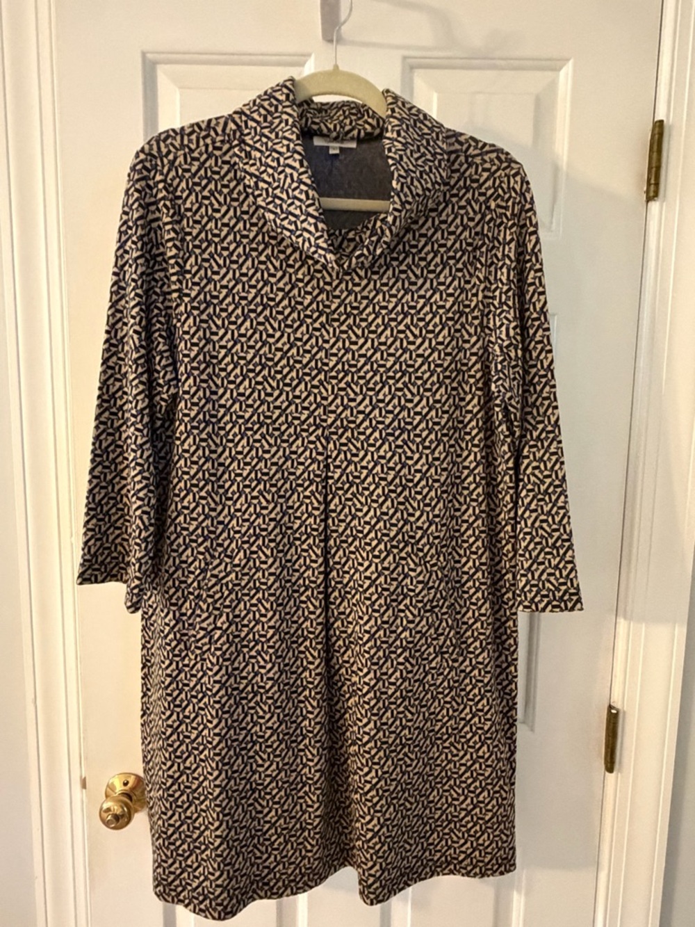 Tyler Boe Navy & Cream Geometric Cowl Neck Long Sleeve Dress